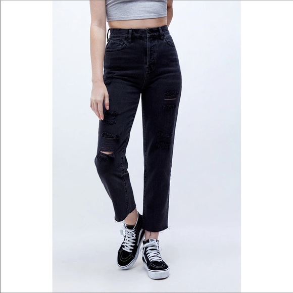 Pacsun High Rise Straight Leg Button Fly Distressed Black Raw Hem Jeans Size 25 - Picture 2 of 11